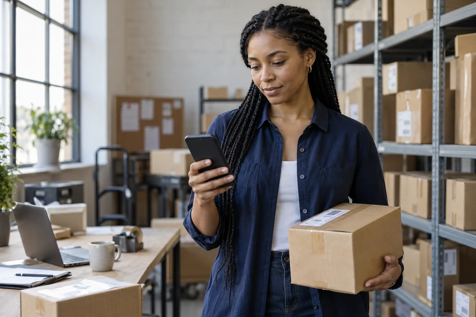 Logistikunternehmerin prüft Geschäftszahlungen am Smartphone