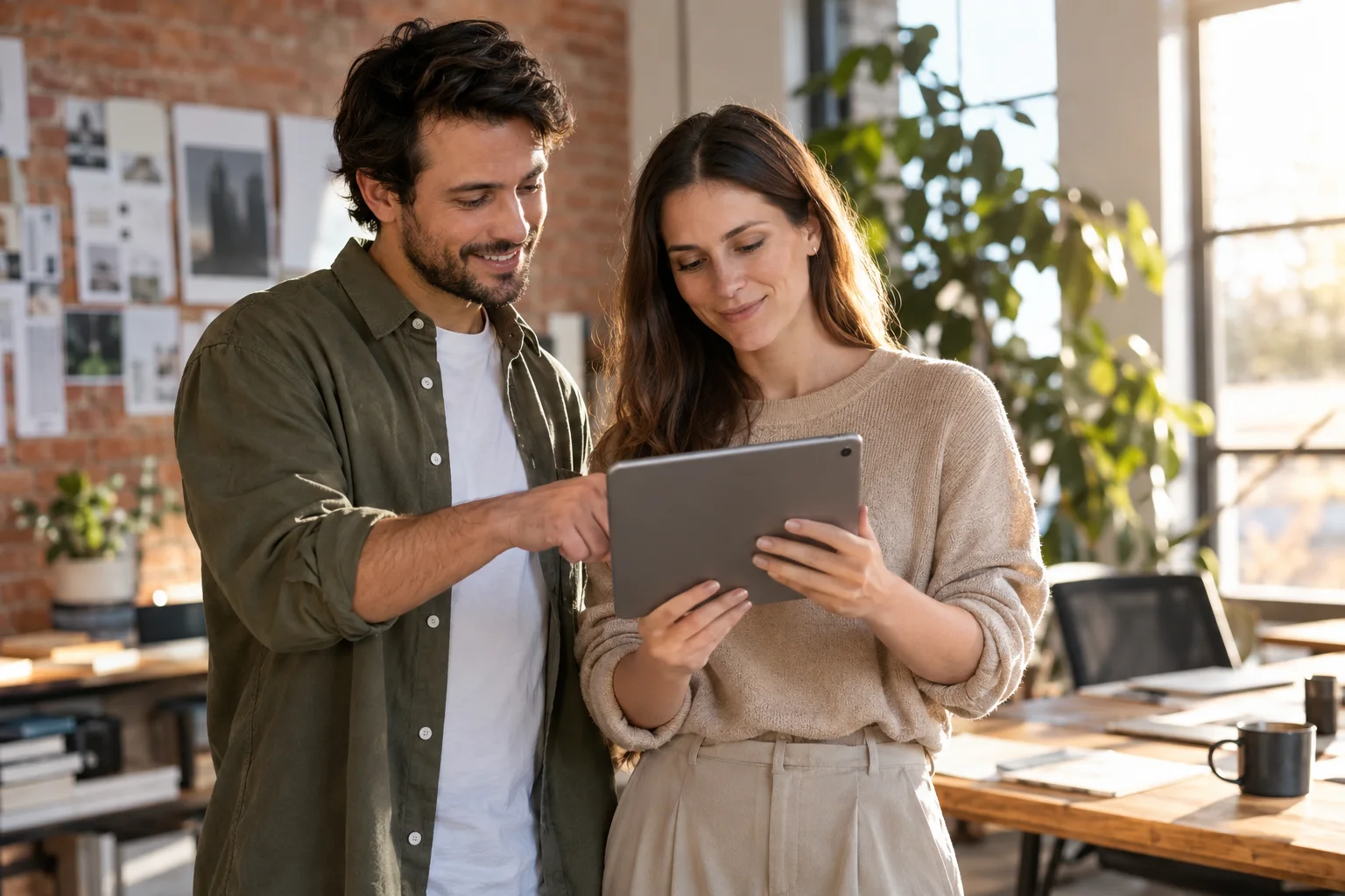 Revolut vs. Kontist vs. FYRST vs. FINOM: Geschäftskonten im direkten Vergleich Agenturpartner besprechen Kontofunktionen am Tablet