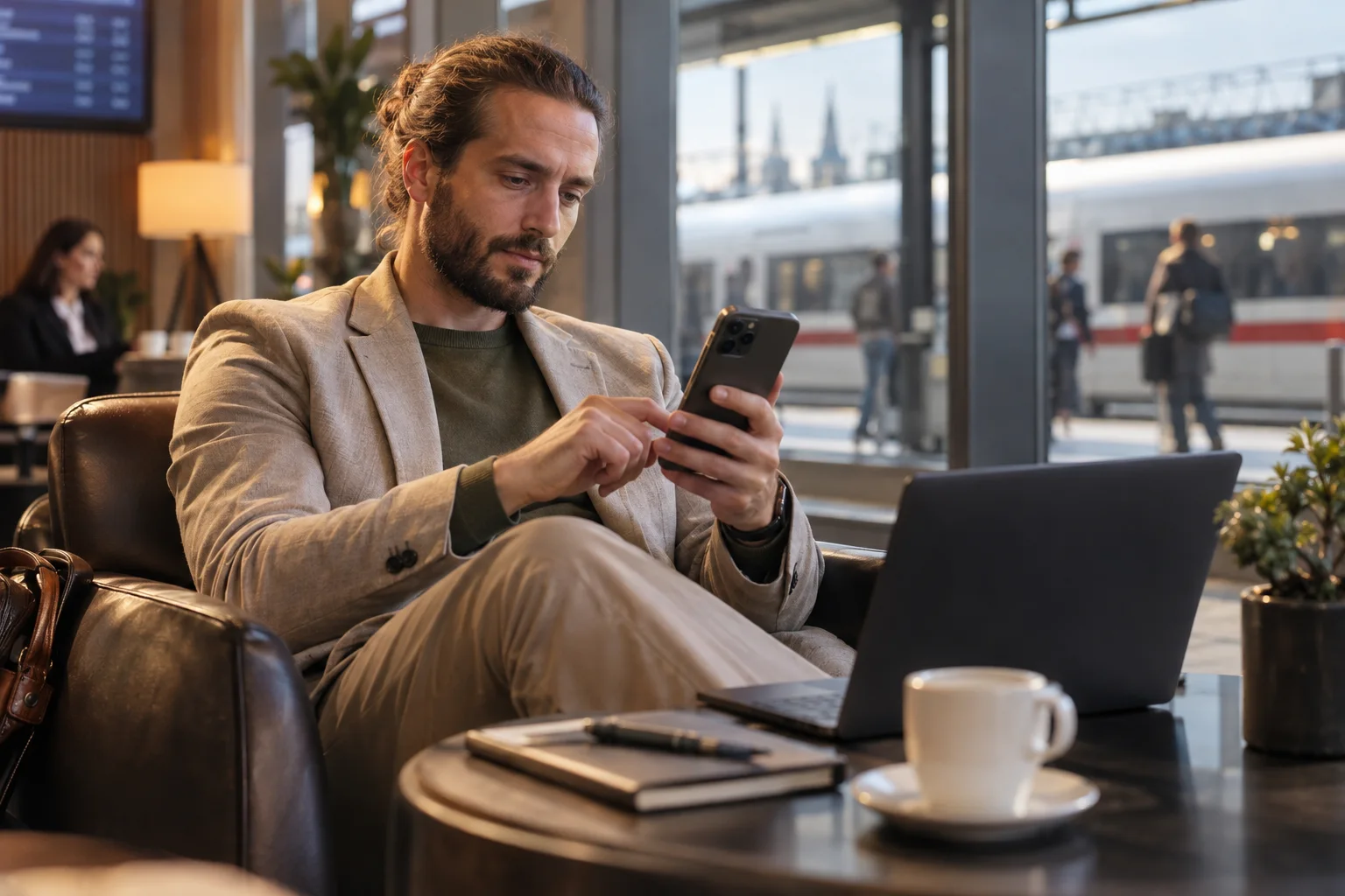 Berater nutzt mobiles Banking unterwegs