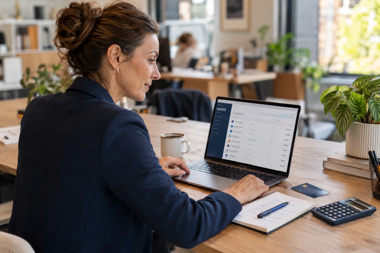Geschäftskonto vs Girokonto Beraterin prüft ihr Geschäftskonto im Coworking-Büro