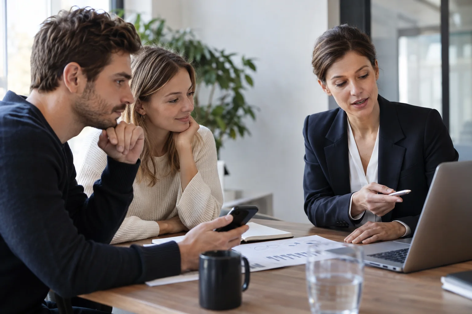 Gründer besprechen Firmenfinanzen mit einer Beraterin