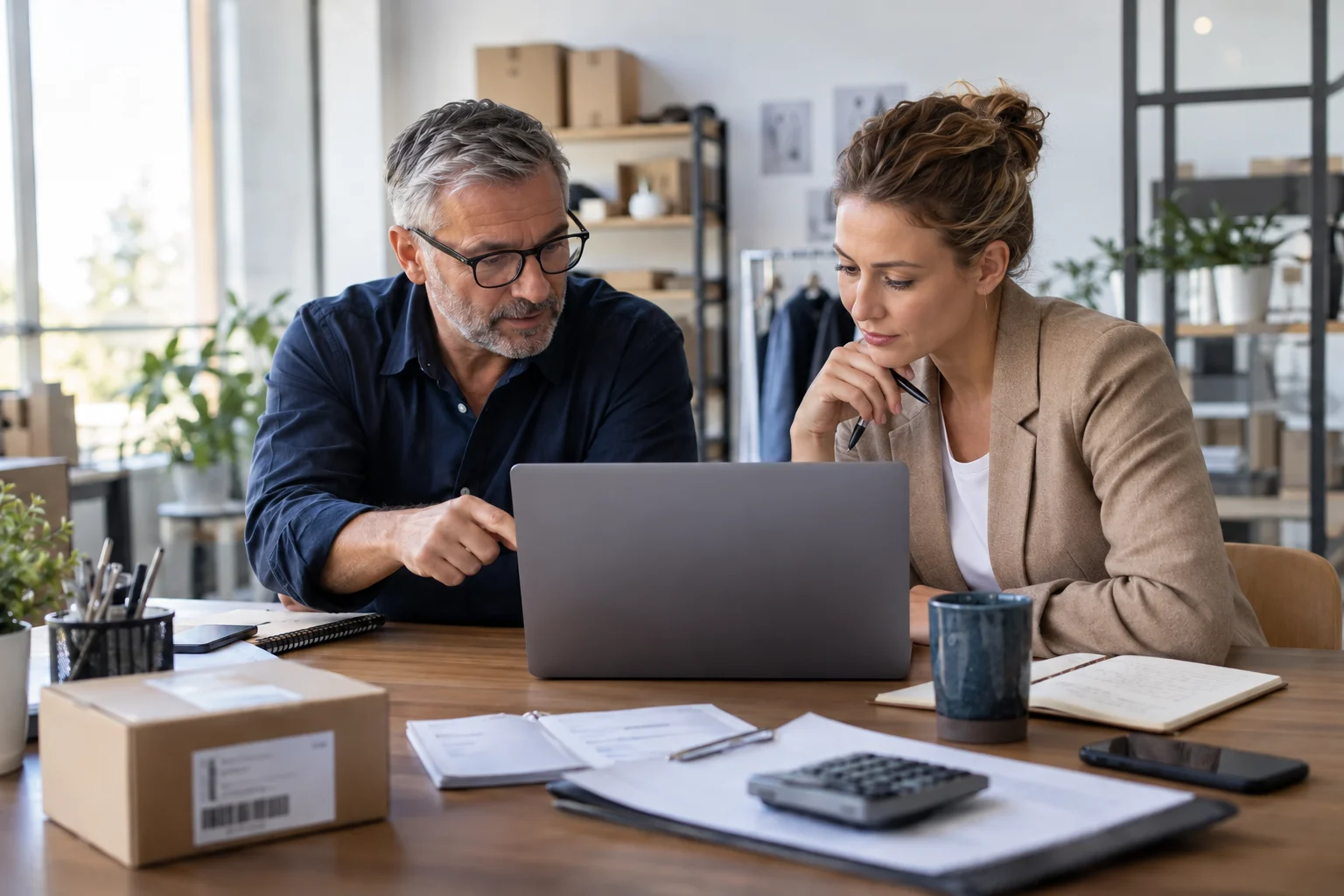 Geschäftspartner besprechen digitales Firmenbanking am Laptop