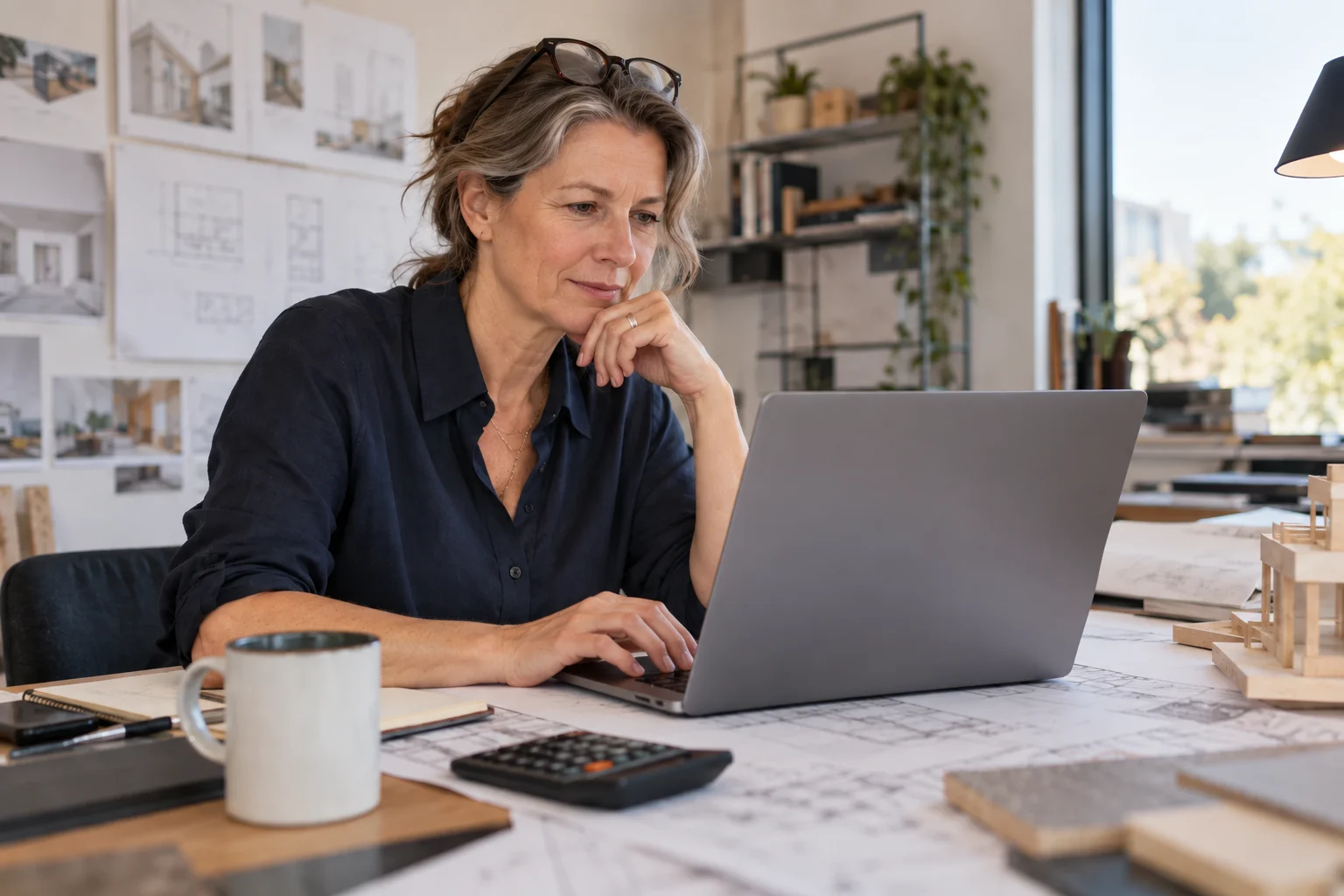 GLS Geschäftskonto Architektin prüft Geschäftskonto-Buchungen am Laptop