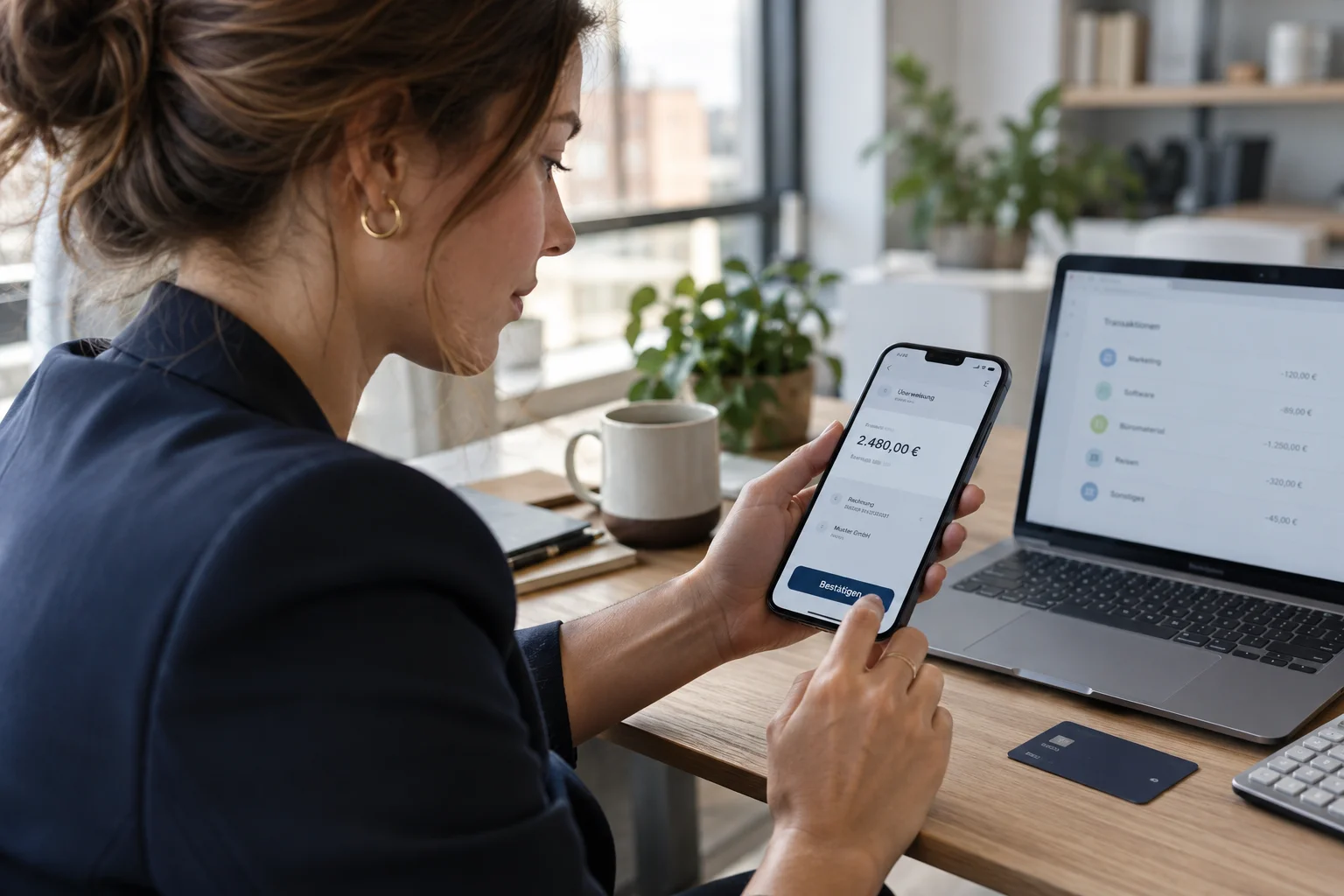 Unternehmerin bereitet eine geschäftliche Überweisung am Smartphone vor
