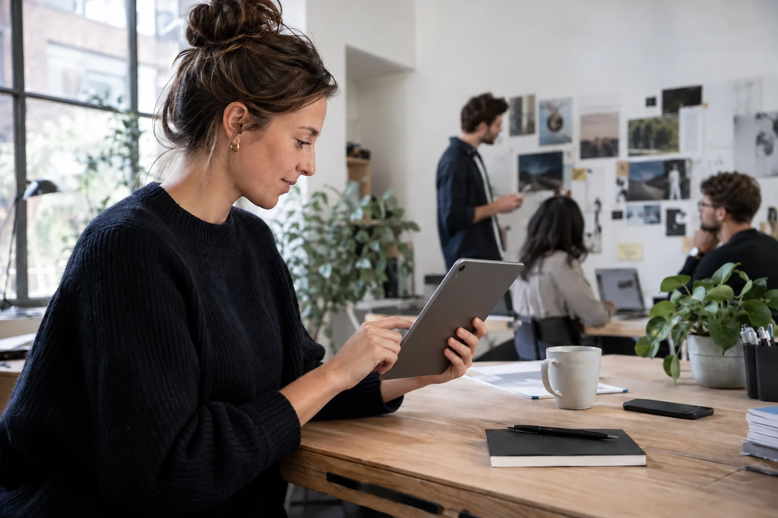 Holvi Geschäftskonto eröffnen: Tarifwahl und Antrag Unternehmerin prüft Firmenkarten-Berechtigungen auf einem Tablet