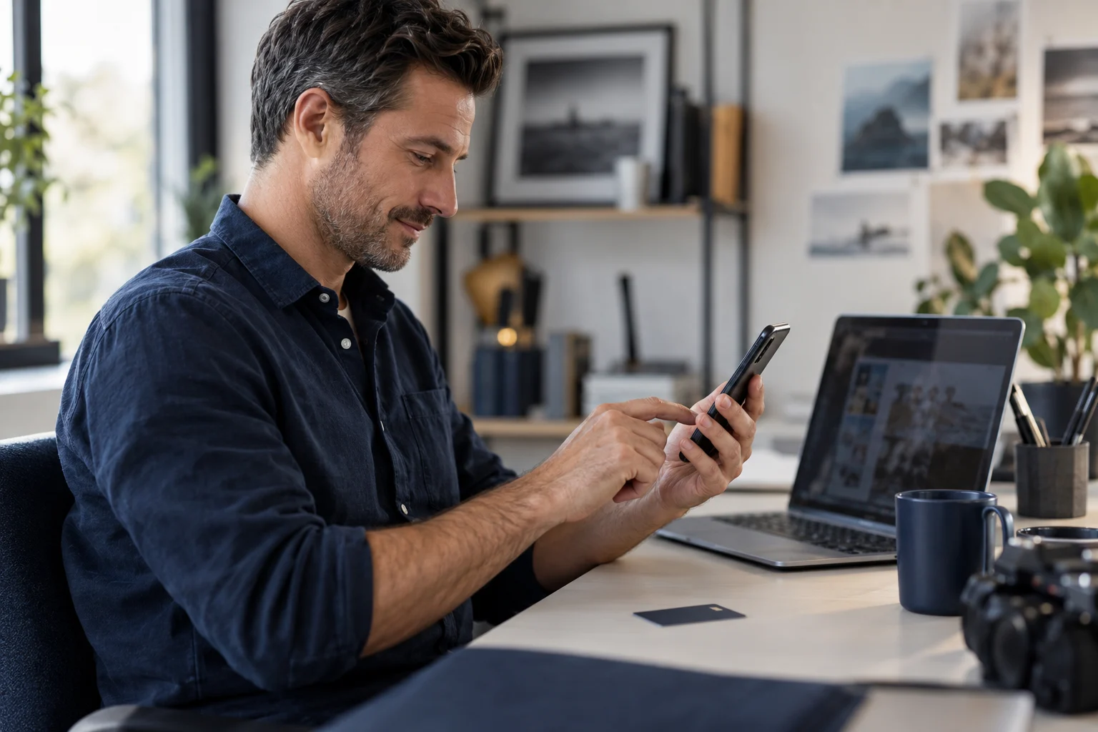 Selbstständiger nutzt sein Smartphone für digitales Geschäftsbanking