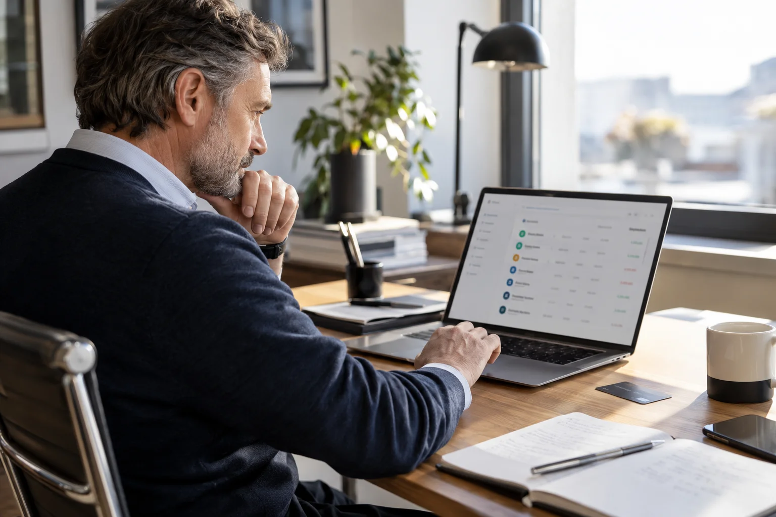 Selbstständiger prüft die Ausgaben seines Unternehmens am Laptop