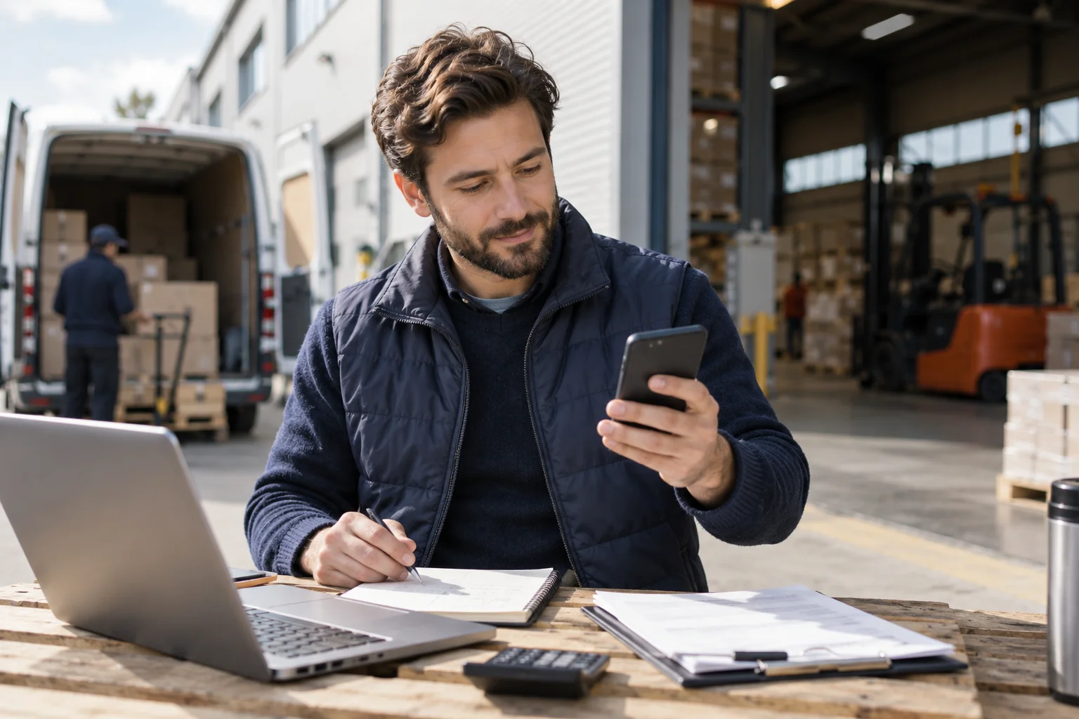 Unternehmer kontrolliert eine Lieferantenzahlung am Smartphone