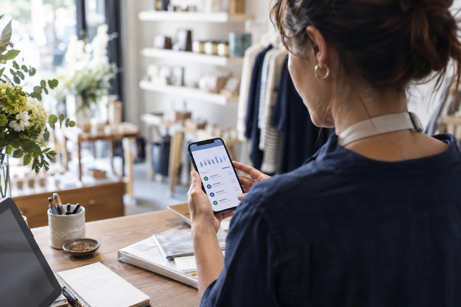 Unternehmerin prüft Geschäftszahlungen auf dem Smartphone