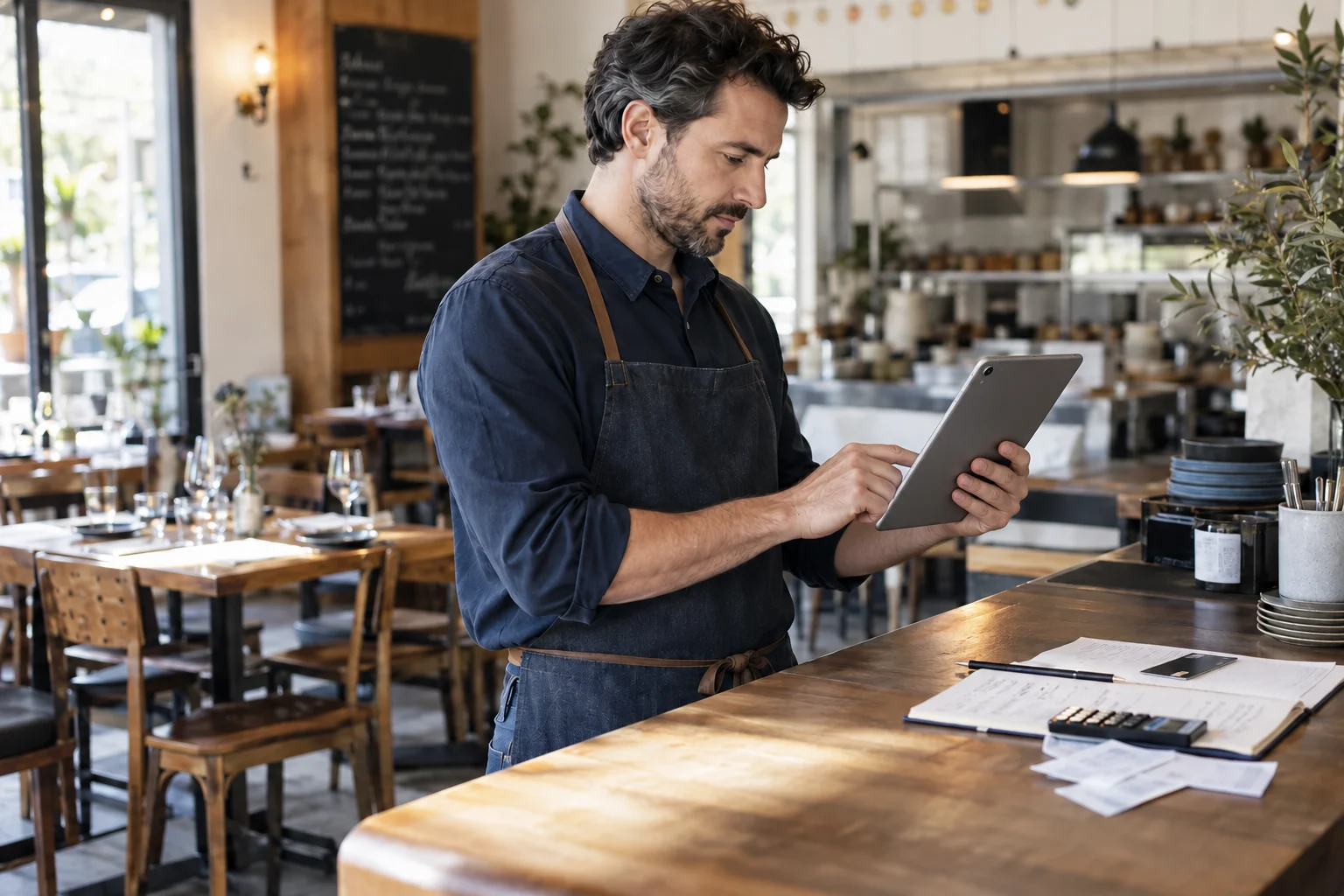 Gastronom prüft den geschäftlichen Zahlungsverkehr am Tablet