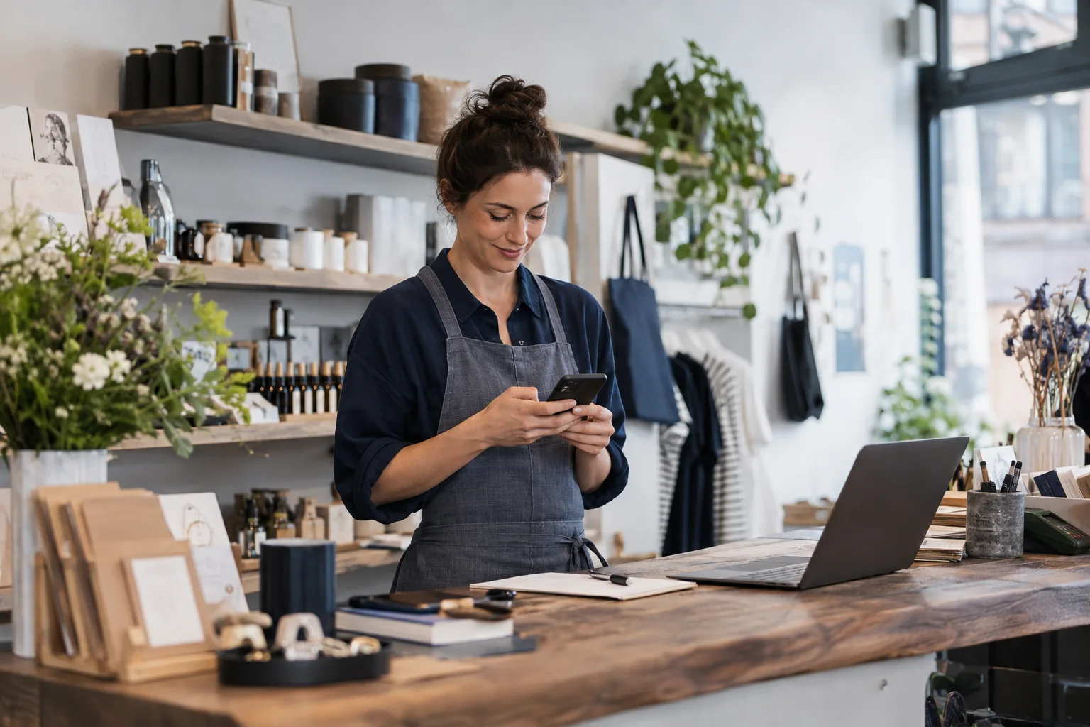 Unternehmerin prüft Geschäftszahlungen auf dem Smartphone