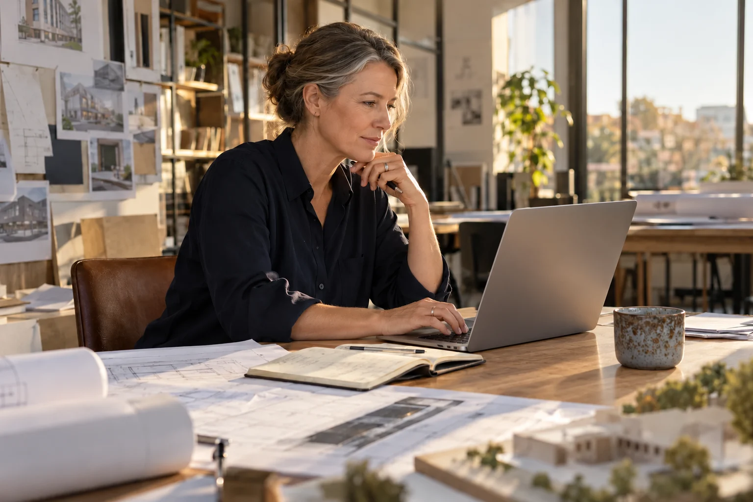 Architektin prüft Geschäftskonto-Buchungen am Laptop