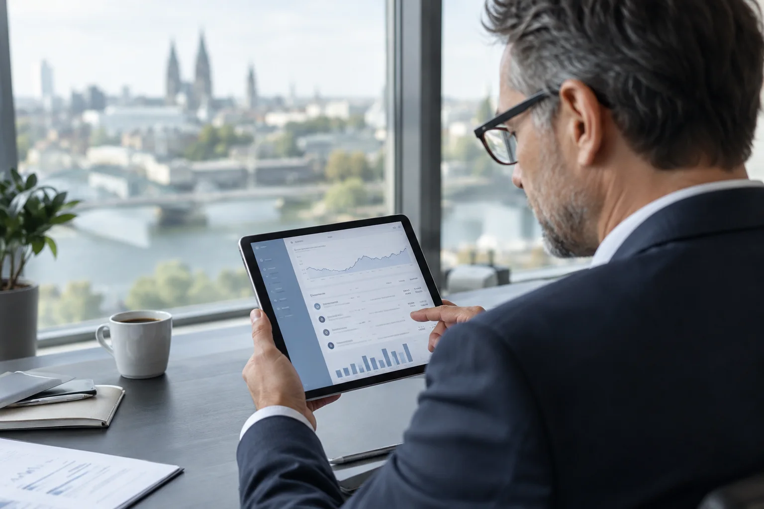 TARGOBANK Geschäftskonto: Plus, Komfort oder Premium? Freiberufler prüft Buchungen auf einem Tablet