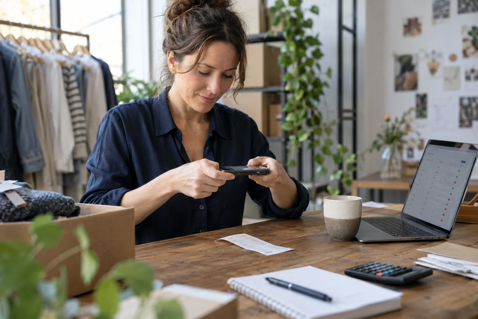 Unterschied Geschäftskonto und Girokonto Unternehmerin erfasst einen Beleg für ihre Buchhaltung am Smartphone