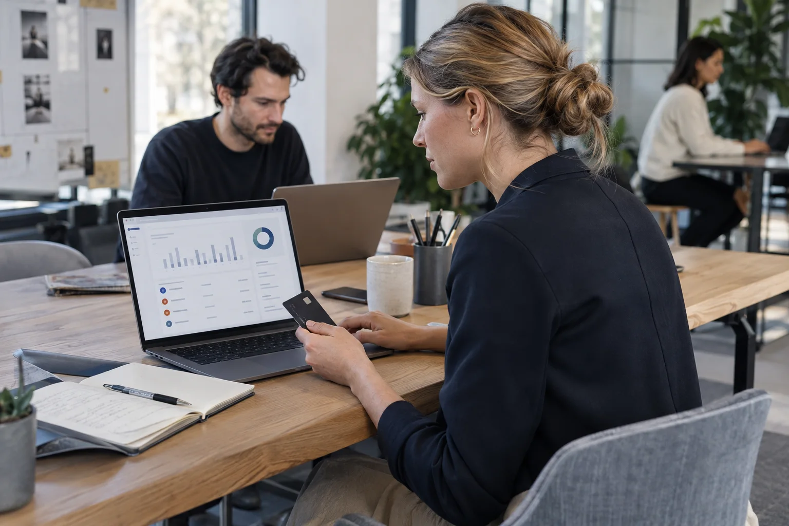 Unternehmerin kontrolliert Kartenausgaben am Laptop