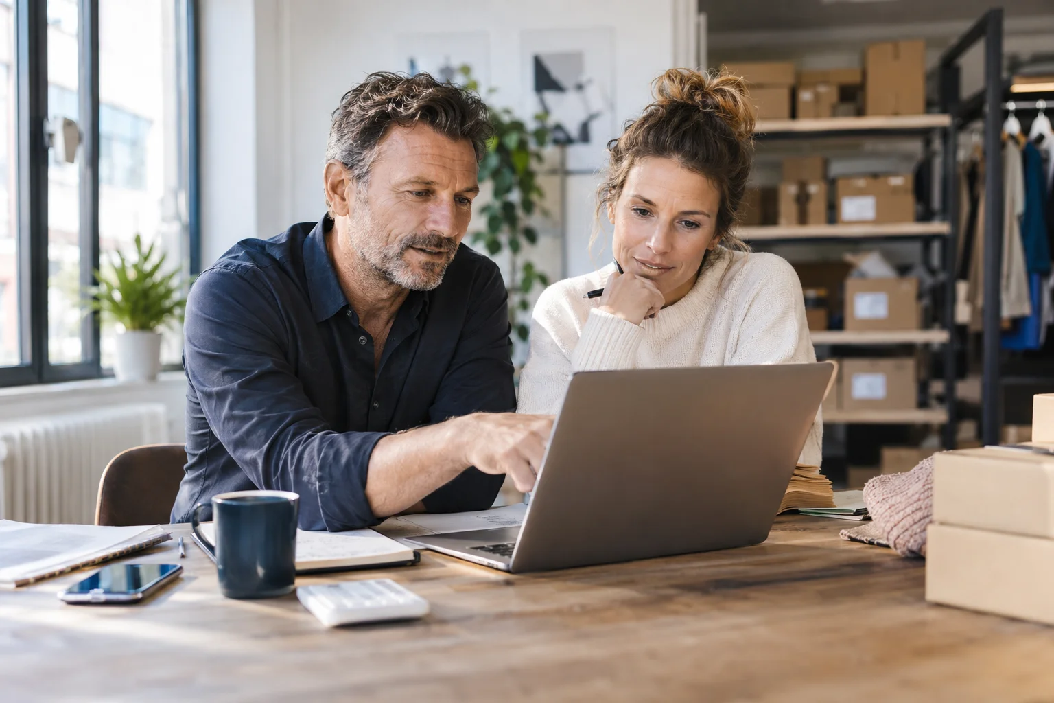 Volksbank Geschäftskonto Geschäftspartner besprechen digitales Firmenbanking am Laptop