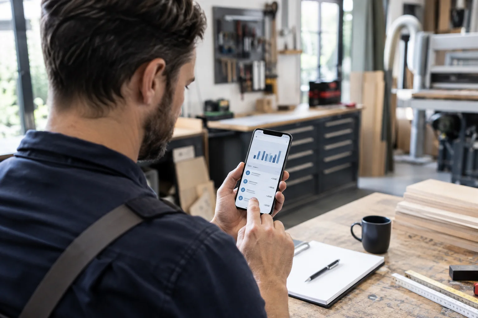 Volksbank Firmenkonto: Leistungen für Ihren Betrieb Handwerksunternehmer prüft Geschäftseinnahmen am Smartphone