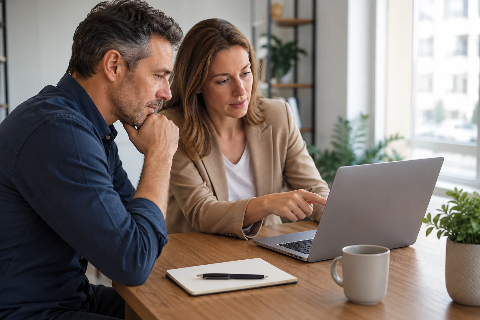 Geschäftspartner besprechen digitales Firmenbanking am Laptop