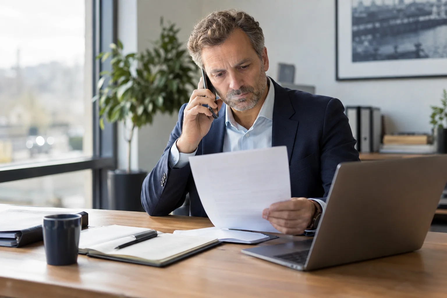 Unternehmer klärt ein Bankschreiben telefonisch