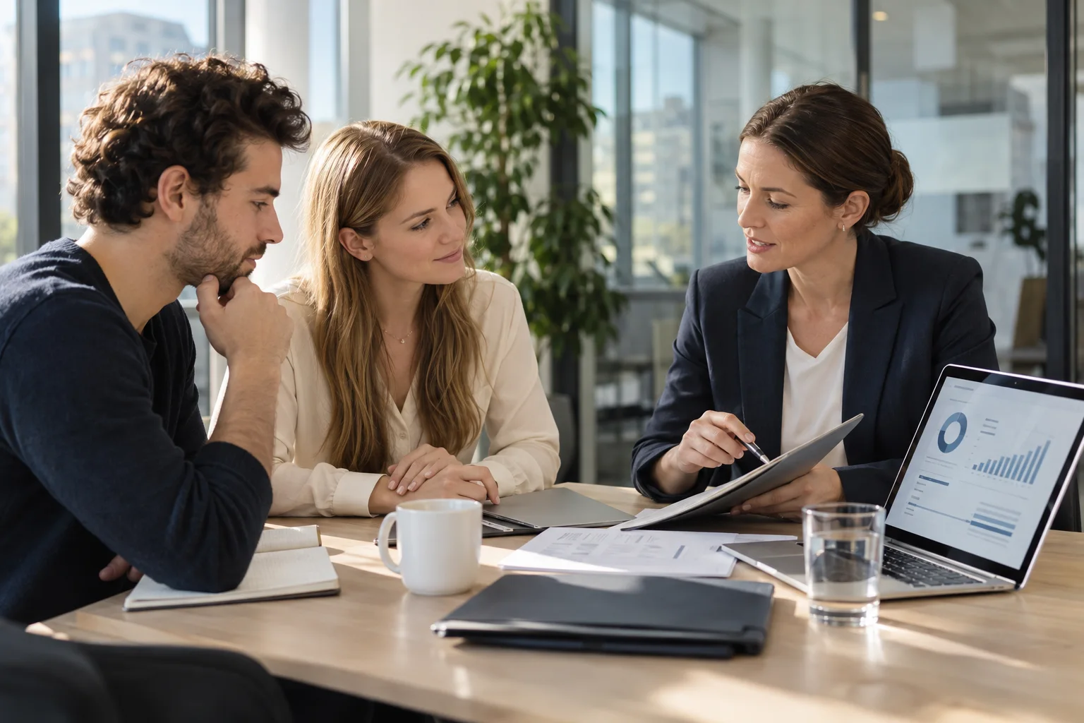 Wer kann ein Geschäftskonto eröffnen? Zulassung und Vertretung Gründer besprechen Firmenfinanzen mit einer Beraterin