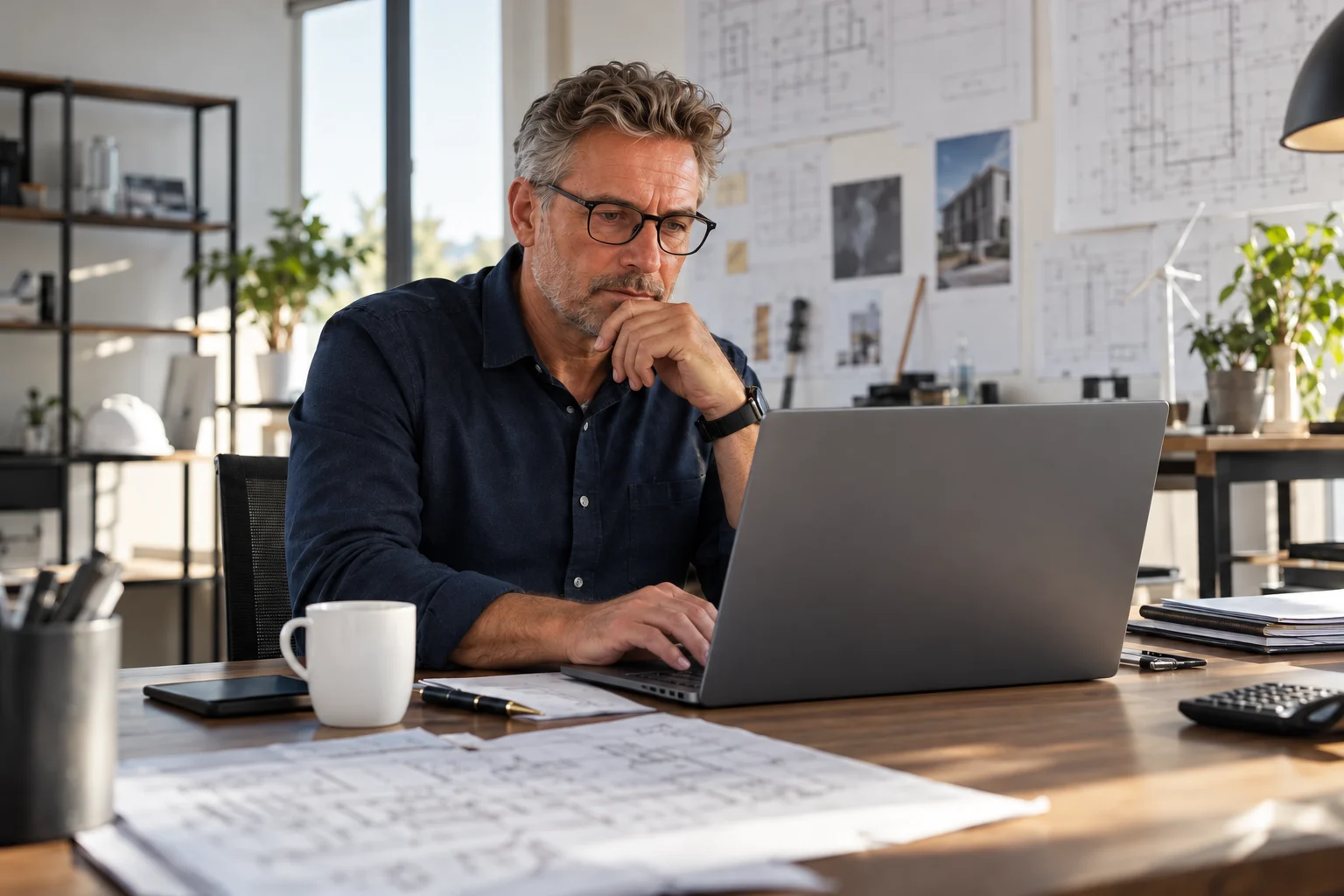 Ingenieur kontrolliert Geschäftskonto-Umsätze am Laptop